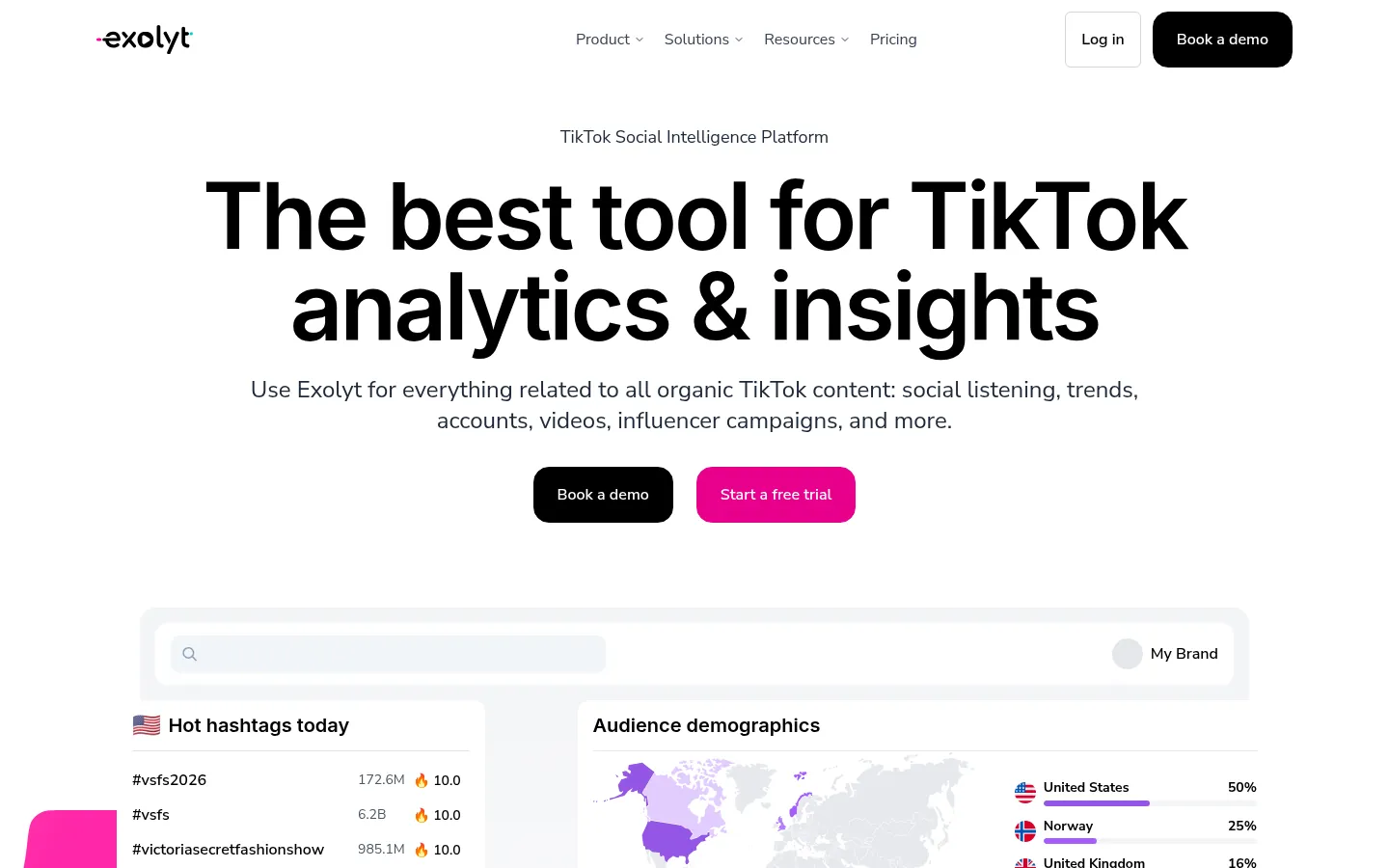 Exolyt website, showing the home page about TikTok analytics and insights