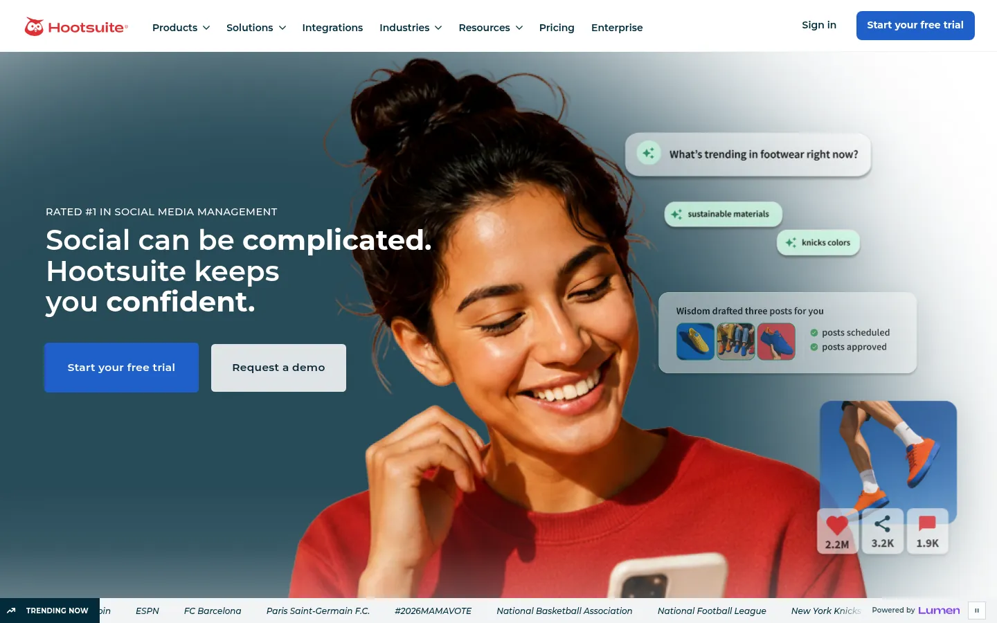 Hootsuite website, showing the home page about social media management