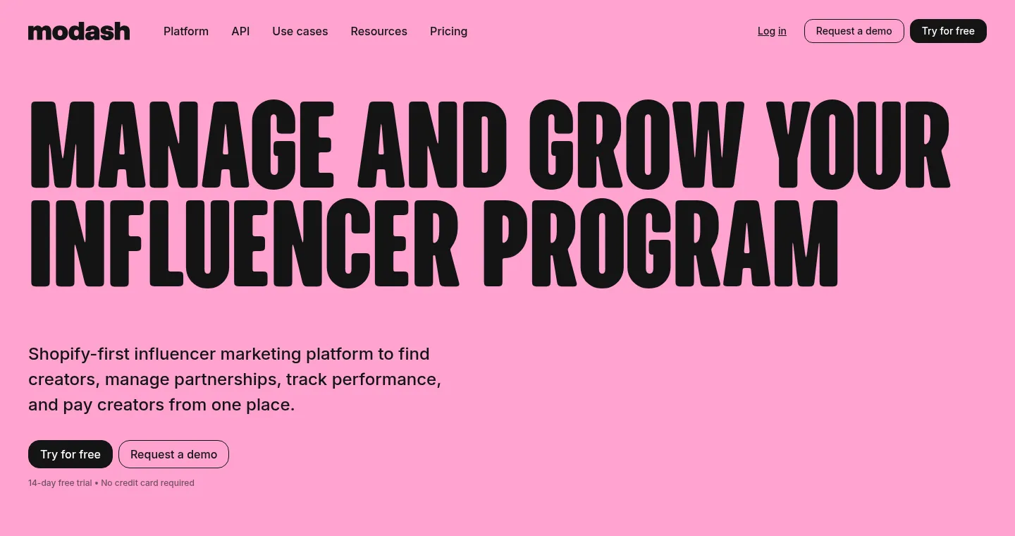 Modash website, showing the home page about managing influencer programmes
