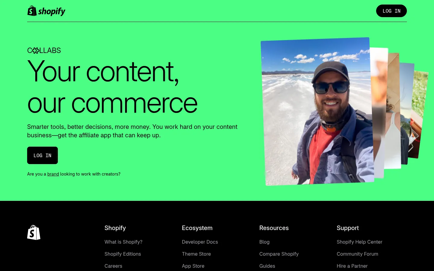 Shopify Collabs website, showing the Shopify Collabs page for creators