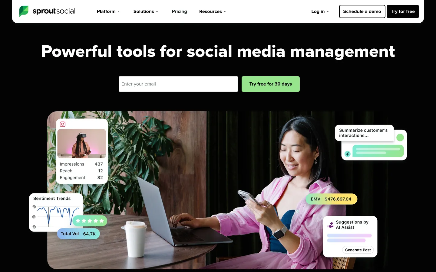 Sprout Social website, showing the home page with a sample social analytics view