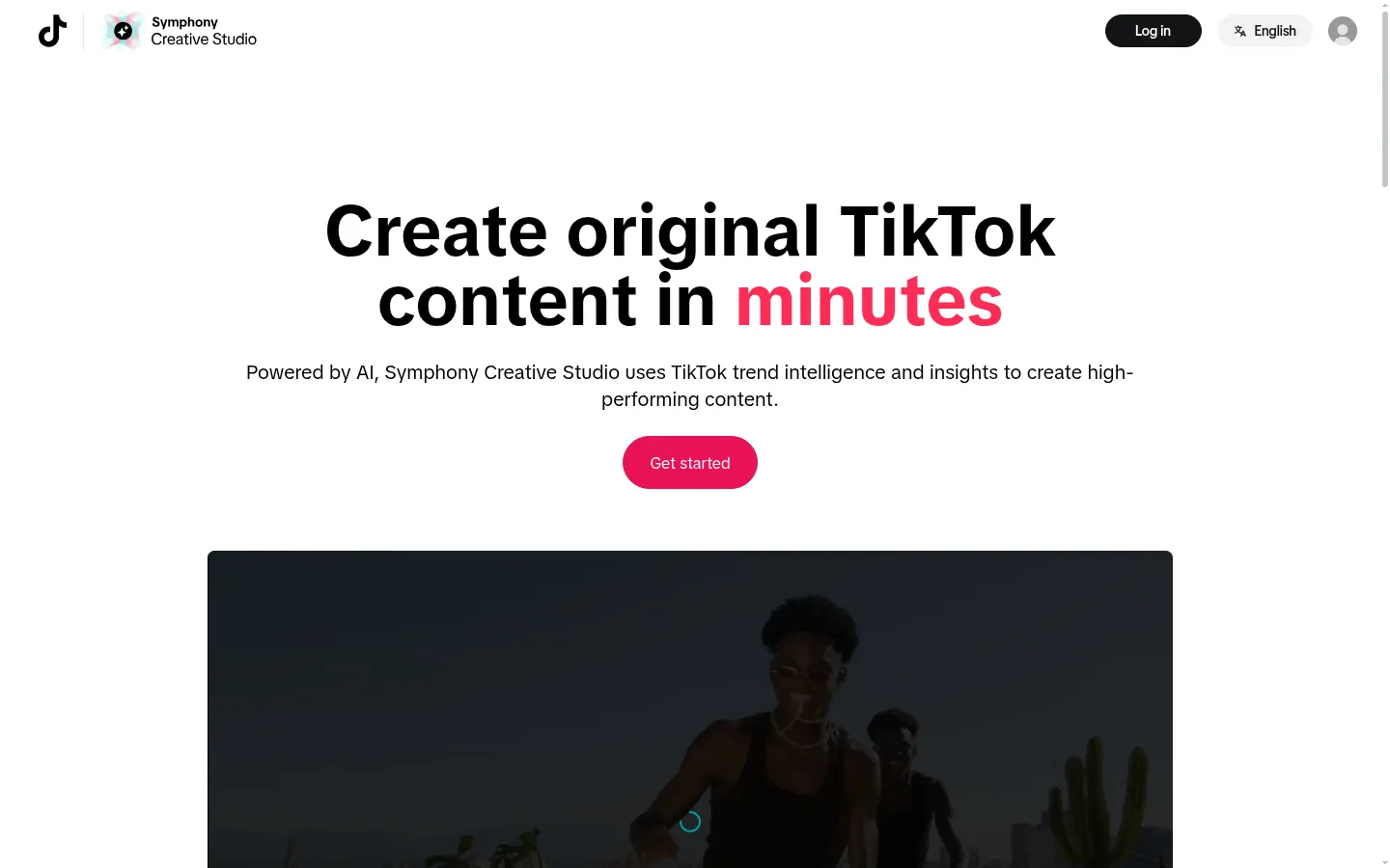 TikTok Symphony Creative Studio website, showing the Symphony Creative Studio home page