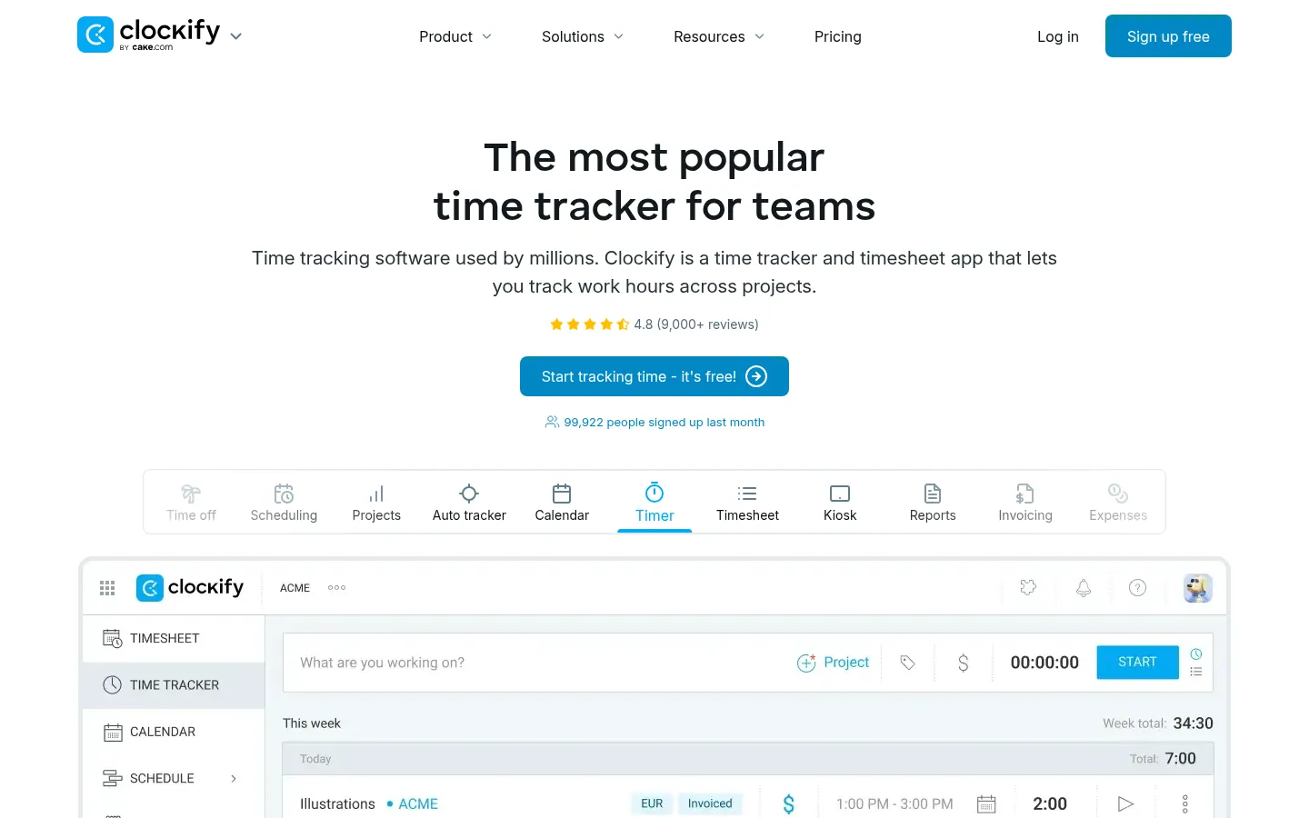 Clockify website, showing the home page on time tracking for teams above a timer preview