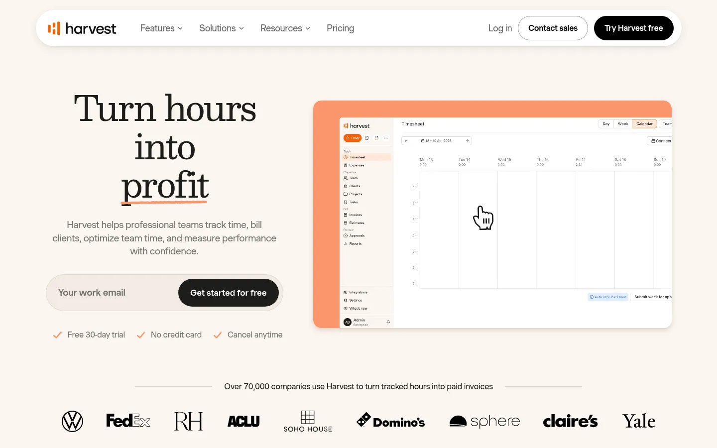 Harvest website, showing the home page on turning hours into profit beside a timesheet preview