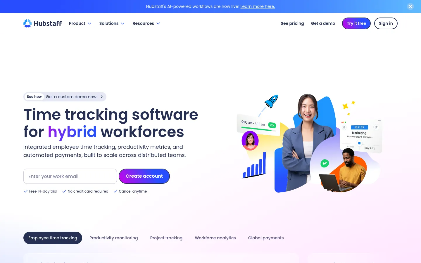 Hubstaff website, showing the home page on time tracking for hybrid teams