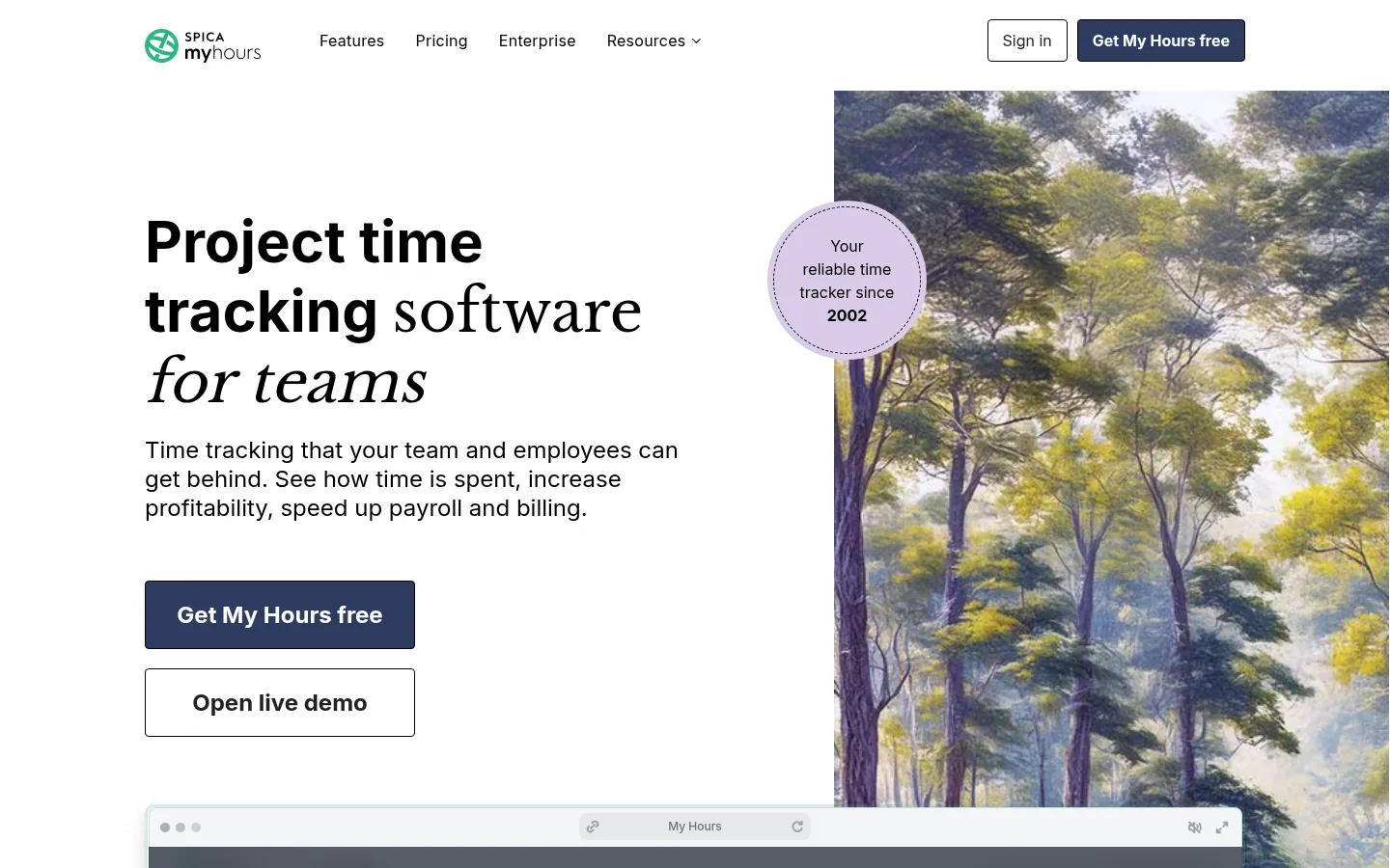 My Hours website, showing the home page on project time tracking for teams