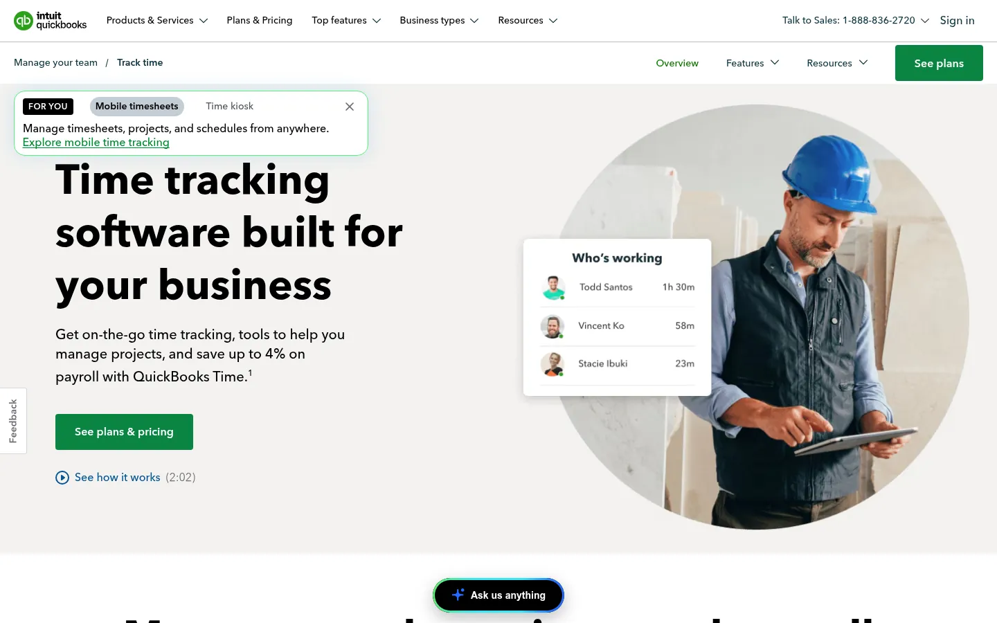 QuickBooks Time website, showing the time tracking page with a see plans and pricing button