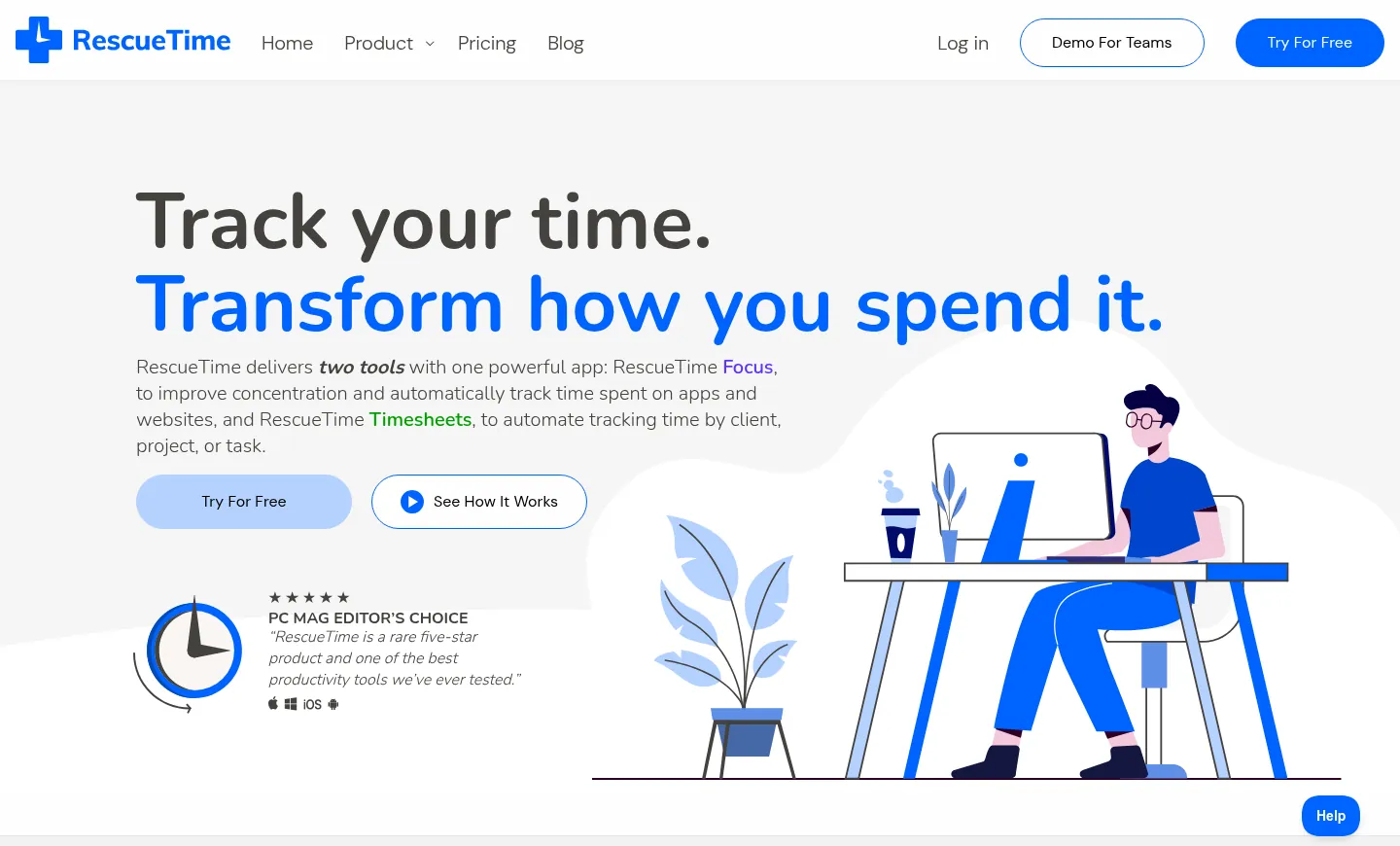 RescueTime website, showing the home page on automatic time tracking with a free trial button
