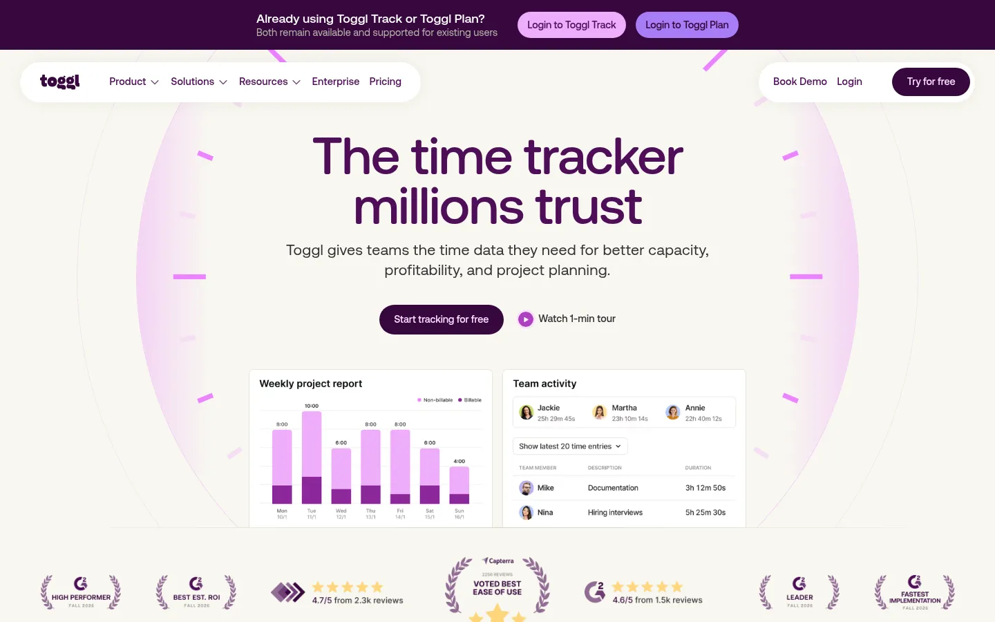 Toggl Track website, showing the home page headline above a weekly project report preview