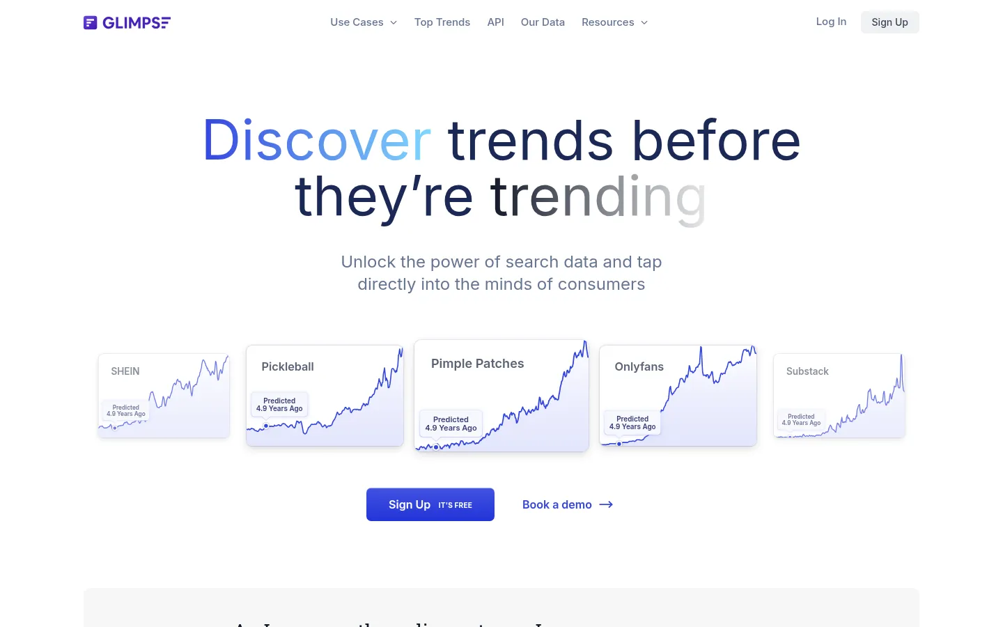 Glimpse website, showing the home page above trend charts with a sign up button