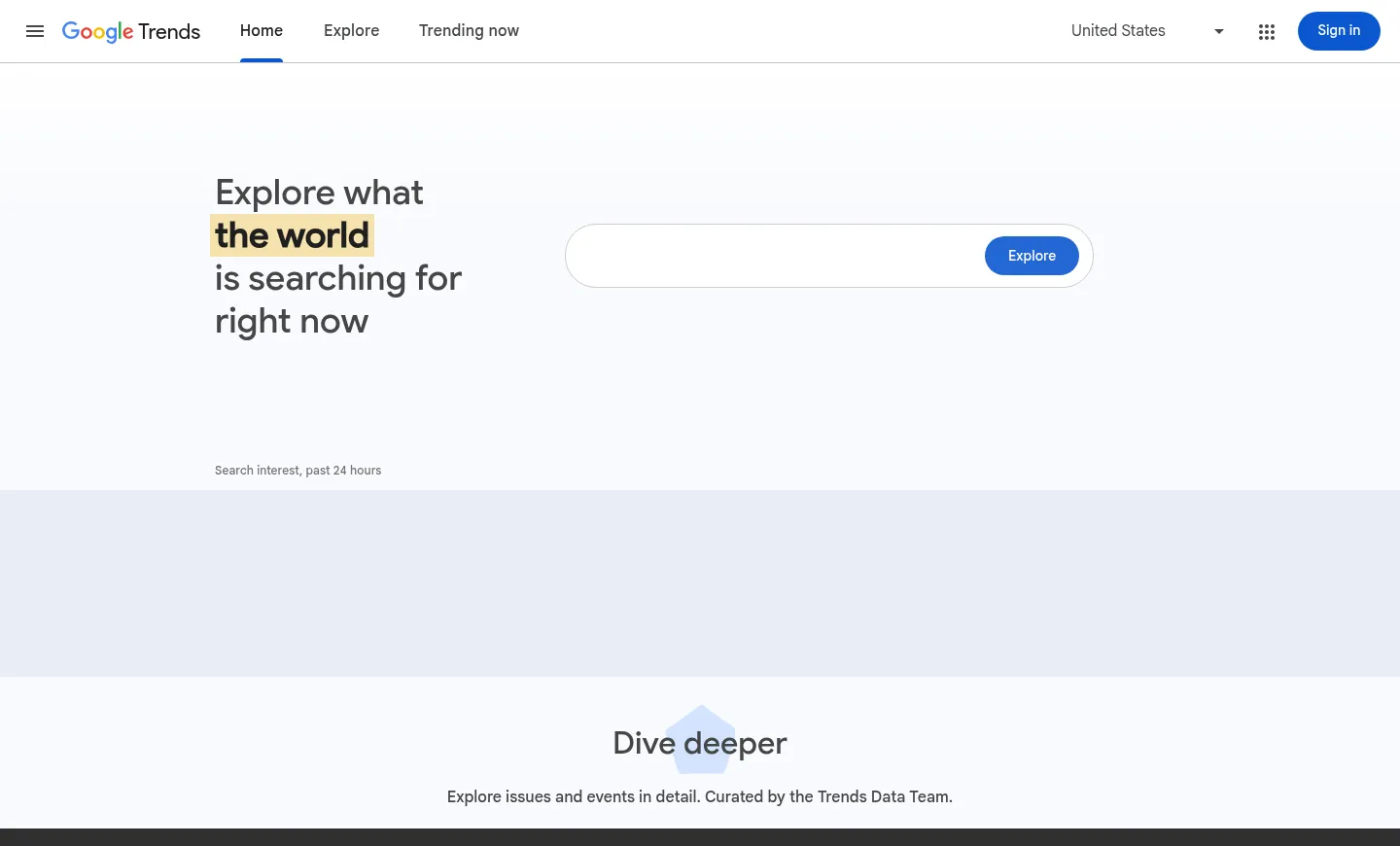 Google Trends website, showing the Google Trends home page with an explore search box