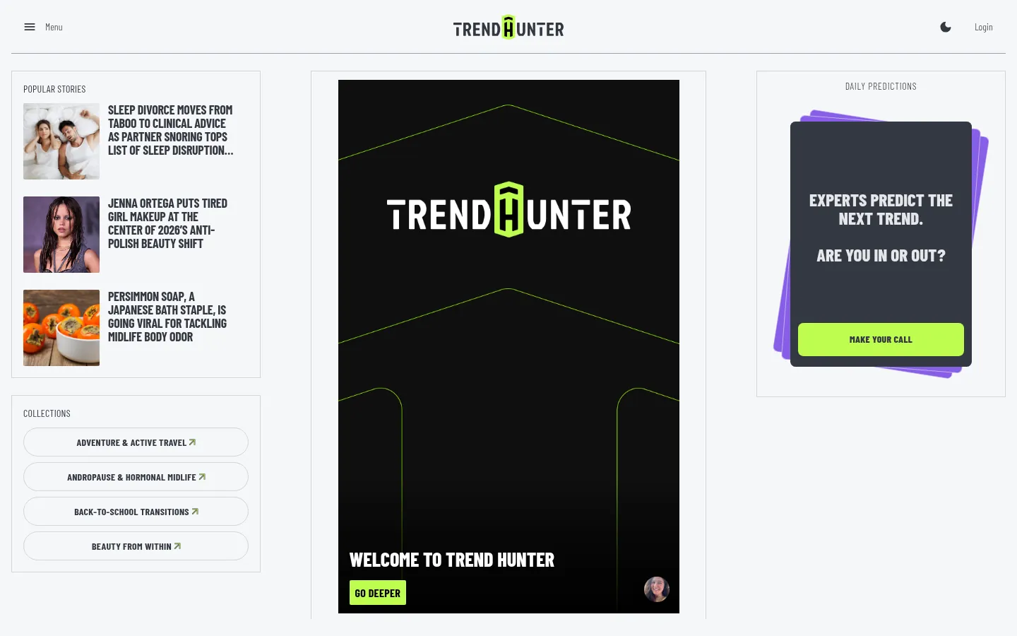 Trend Hunter website, showing the home page with the Trend Hunter logo and popular stories