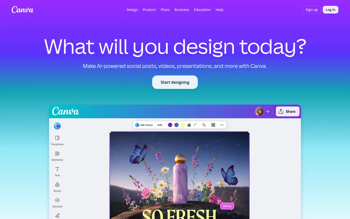 Canva website, showing the home page design prompt above an editor preview