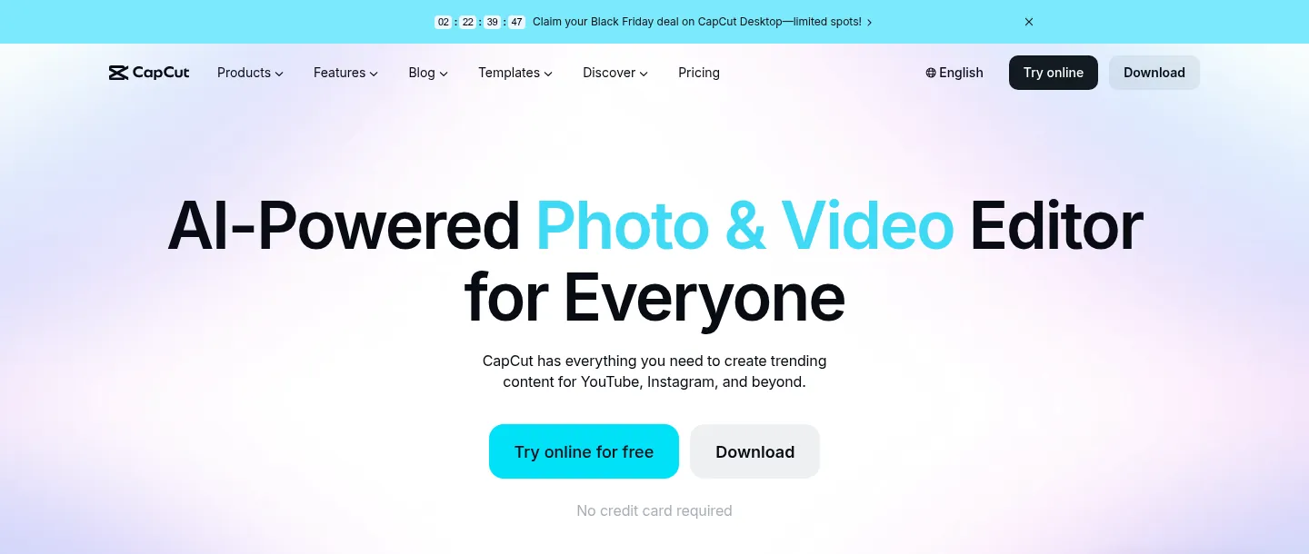 CapCut website, showing the home page on AI photo and video editing with try online buttons