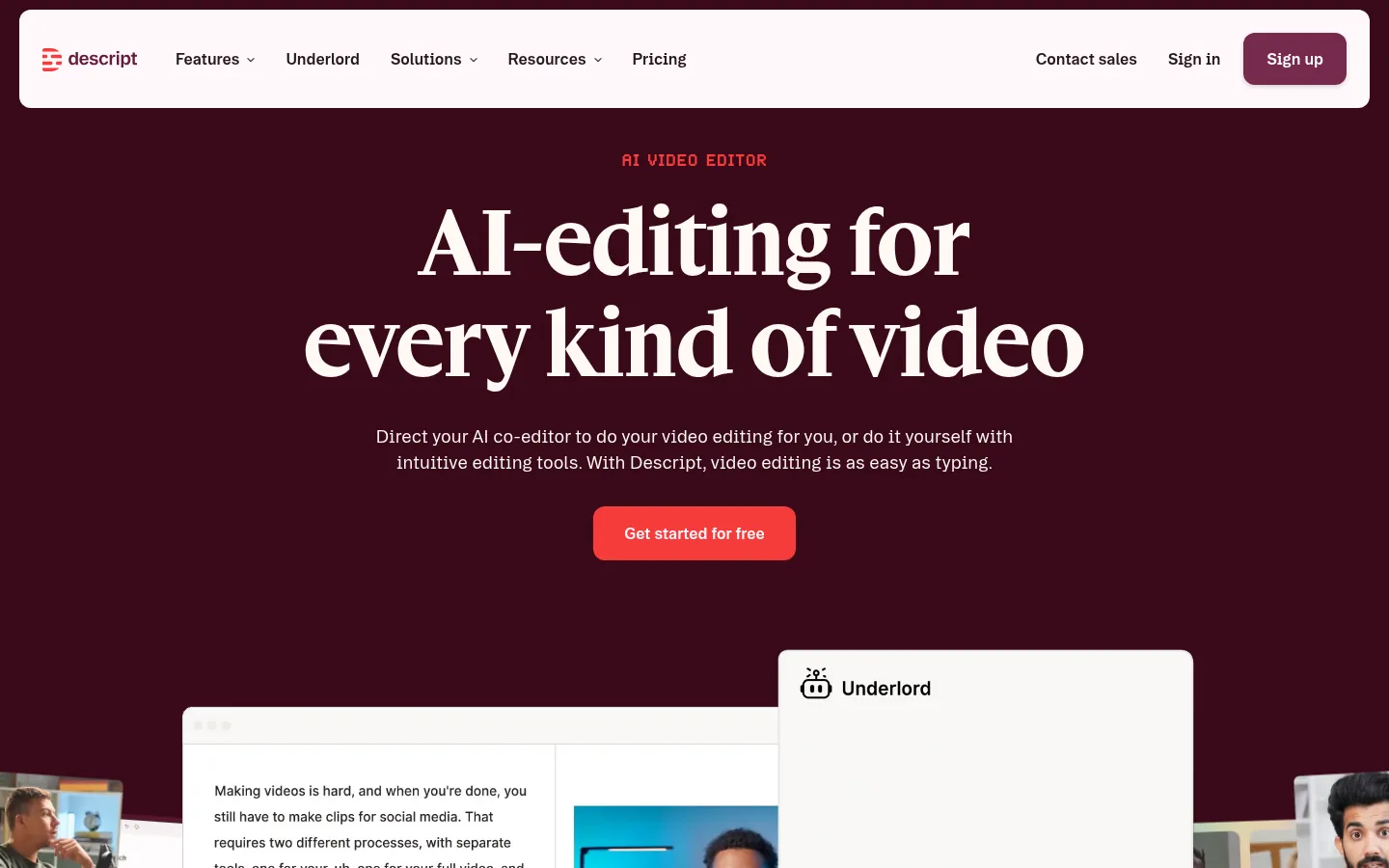 Descript website, showing the home page on AI video editing with a get started button