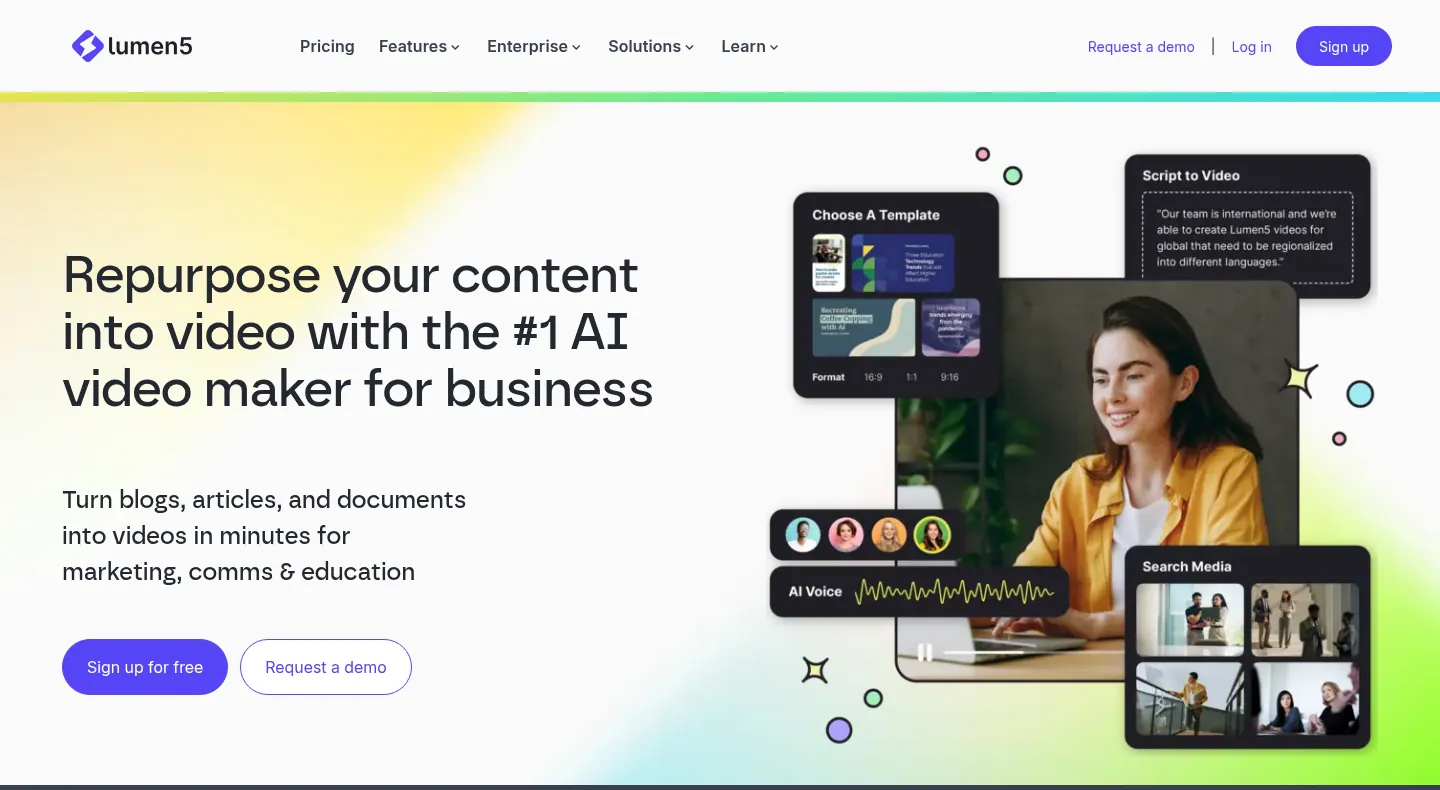 Lumen5 website, showing the home page on turning content into video beside an editor preview