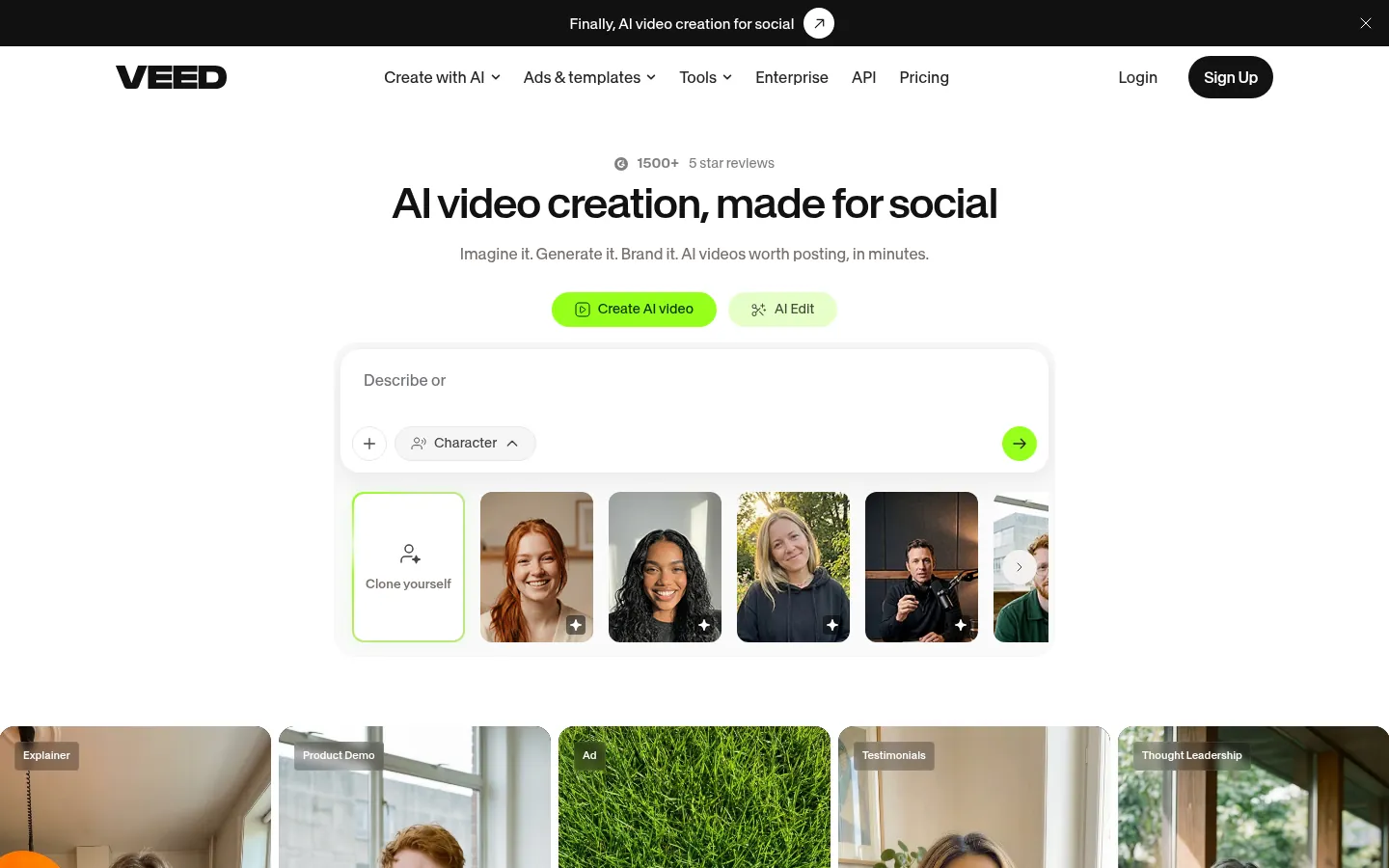 VEED website, showing the home page on AI video creation with avatar options