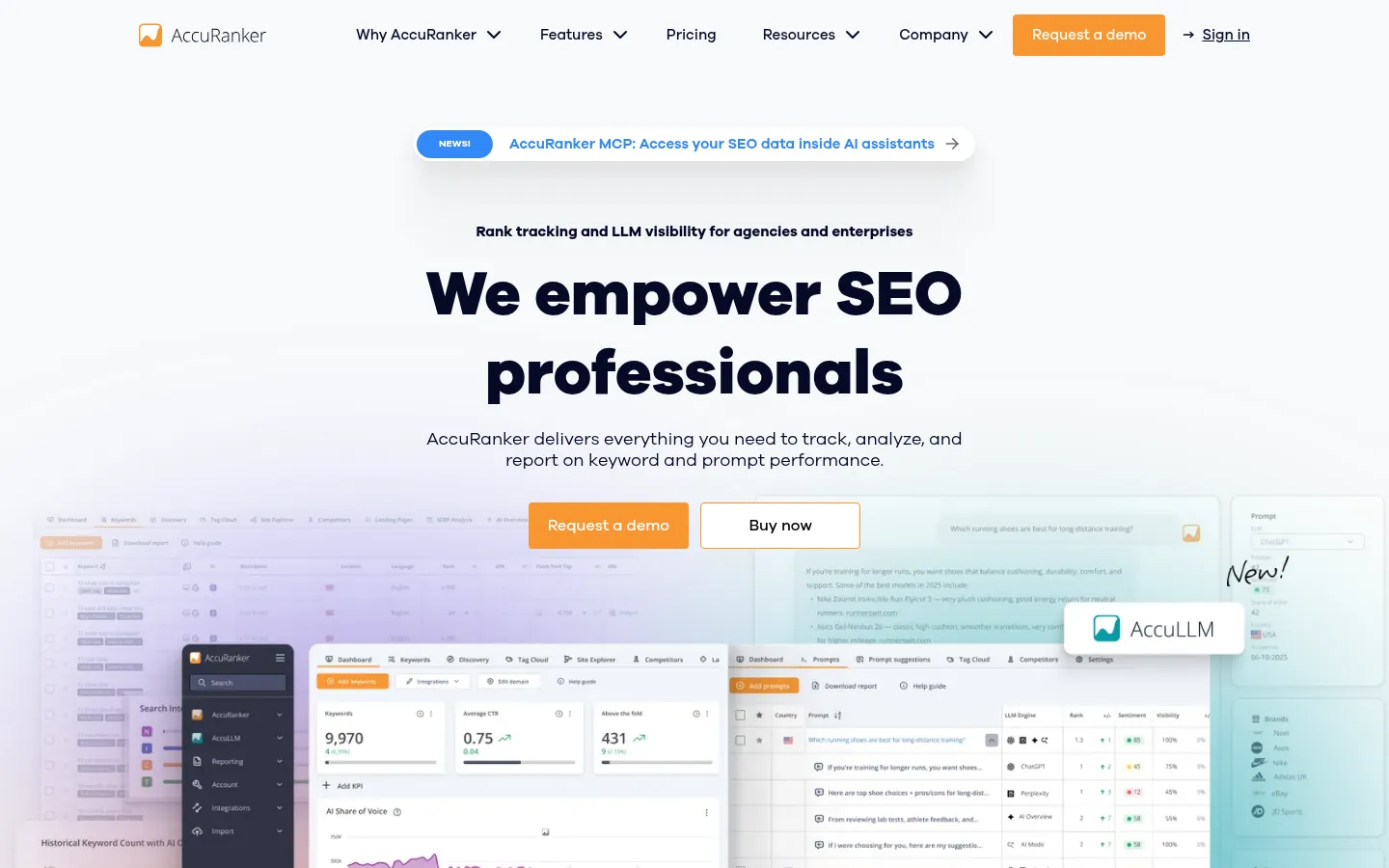 AccuRanker homepage for SEO professionals with a rankings dashboard preview and a demo button