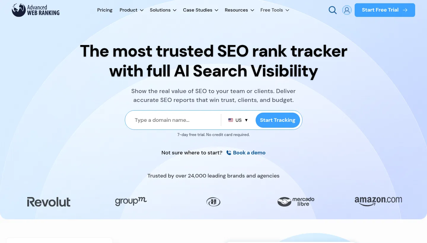 Advanced Web Ranking homepage headed "The most trusted SEO rank tracker with full AI Search Visibility" with a domain field