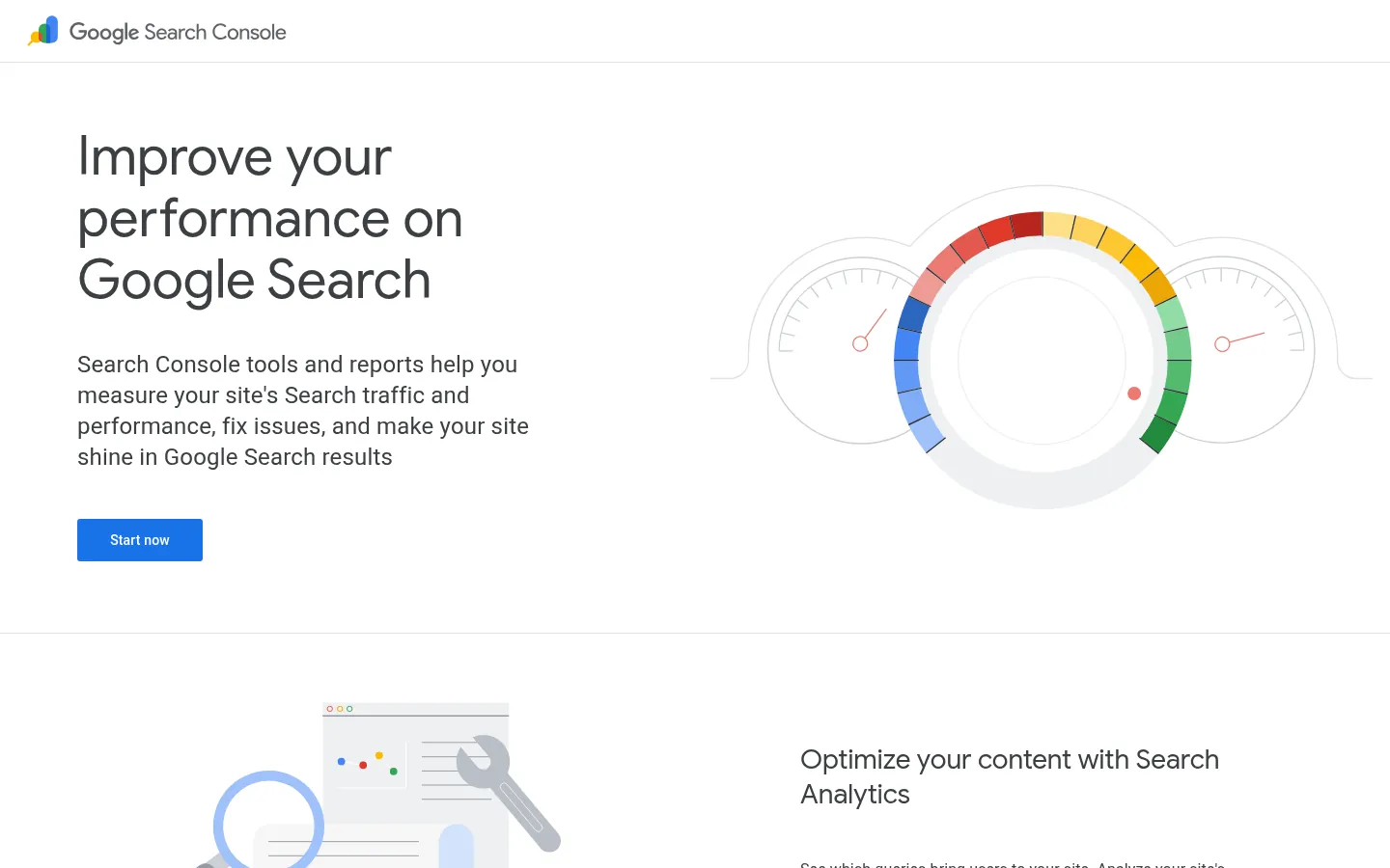 Google Search Console overview page headed "Improve your performance on Google Search" with a Start now button