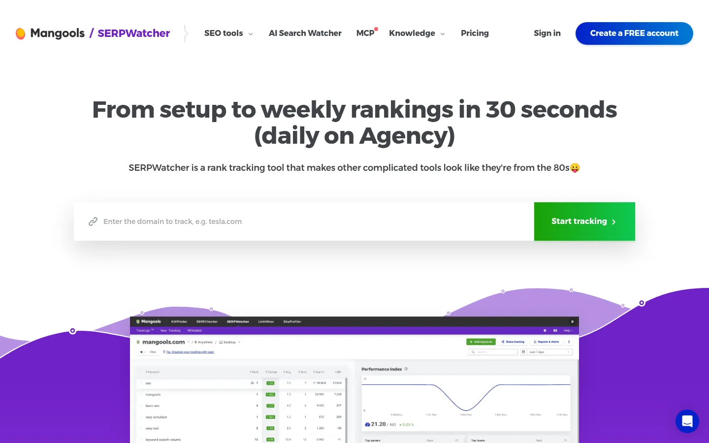 Mangools SERPWatcher page with a domain field to start tracking and a rankings dashboard preview
