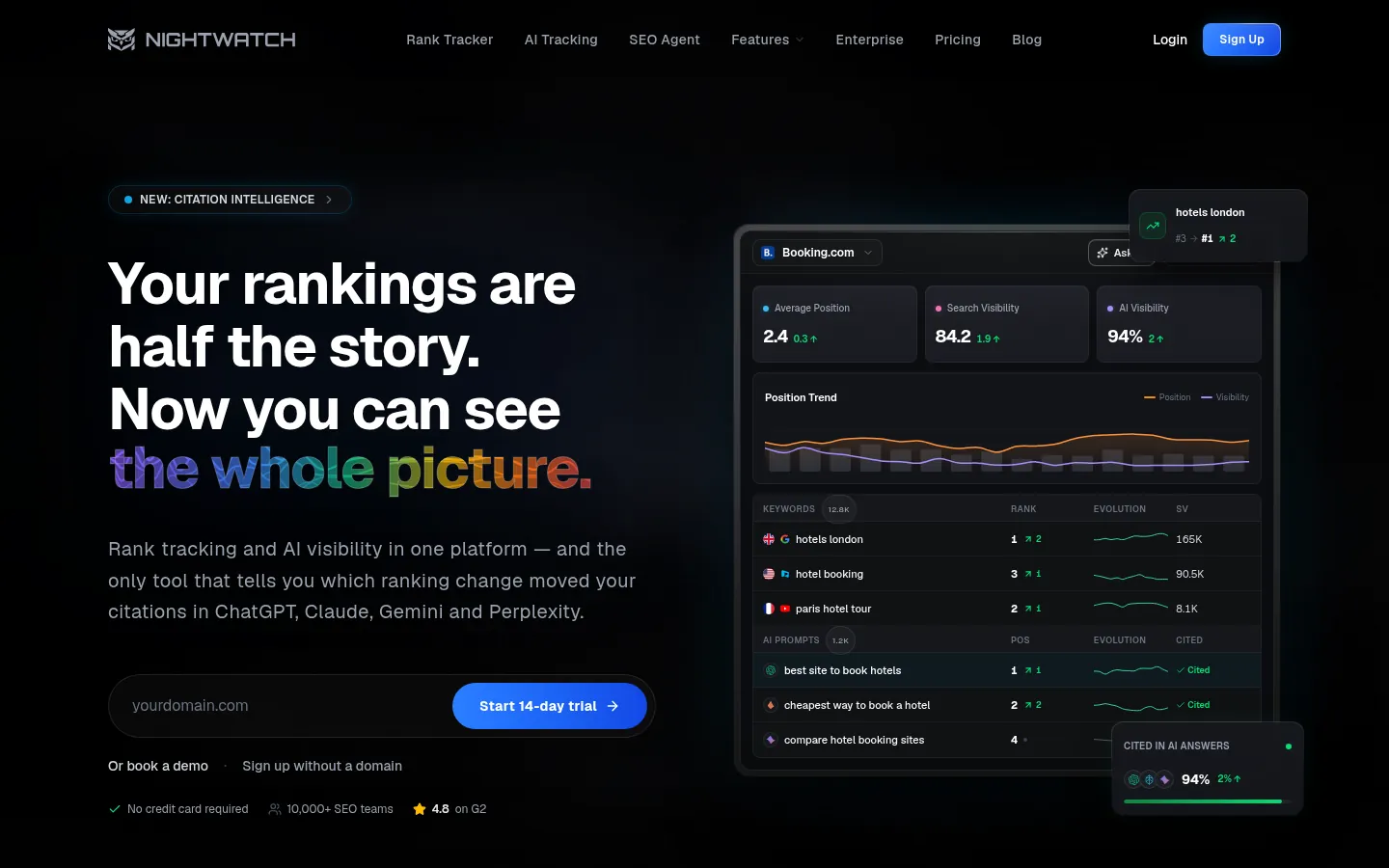 Nightwatch homepage showing rank tracking and AI visibility in one dashboard