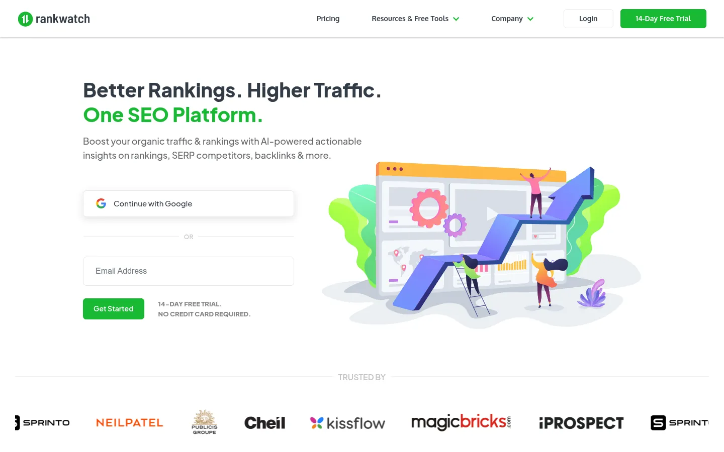 RankWatch homepage headed "Better Rankings. Higher Traffic. One SEO Platform." with a sign-up form