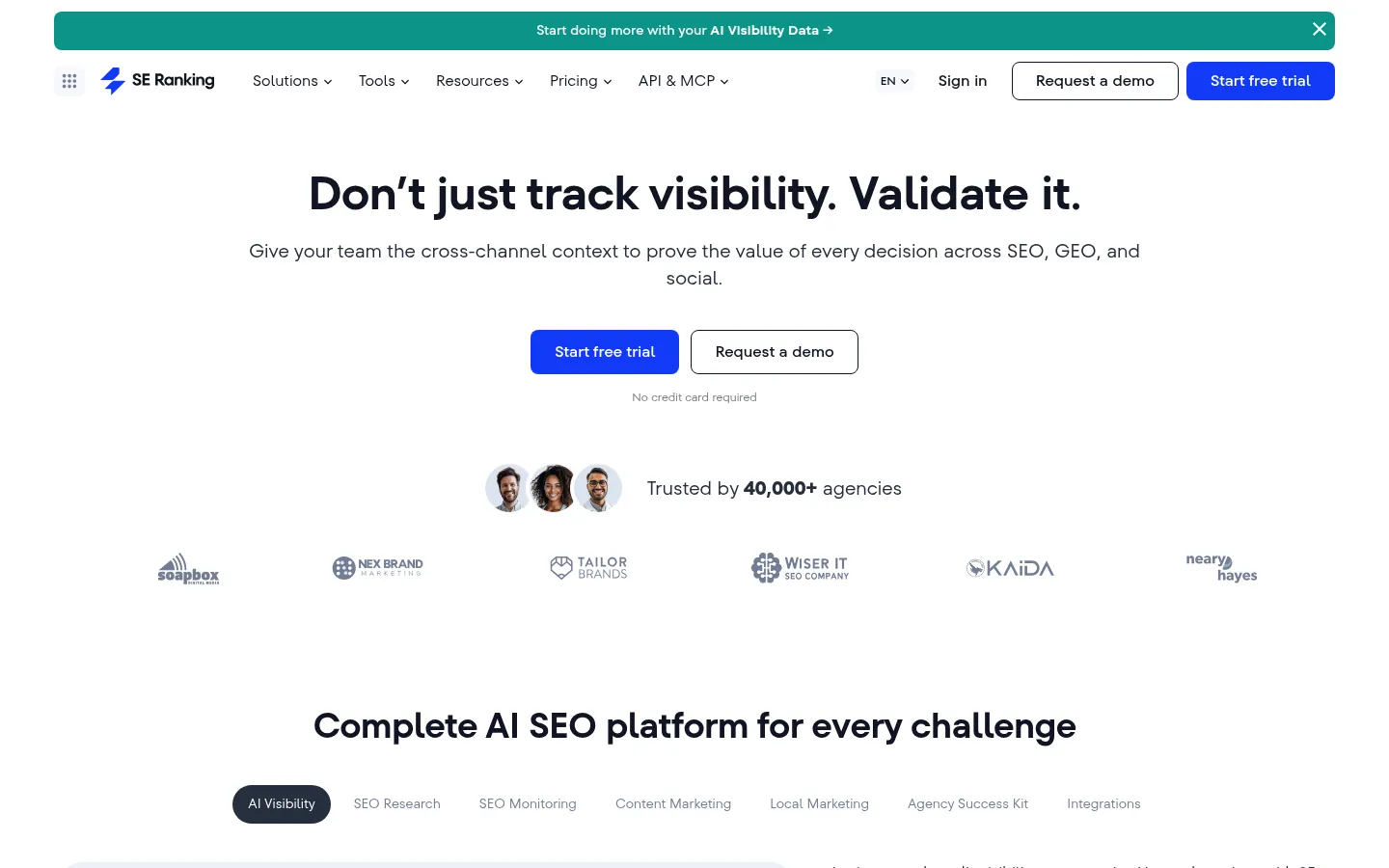 SE Ranking homepage headed "Don't just track visibility. Validate it." with free trial and demo buttons