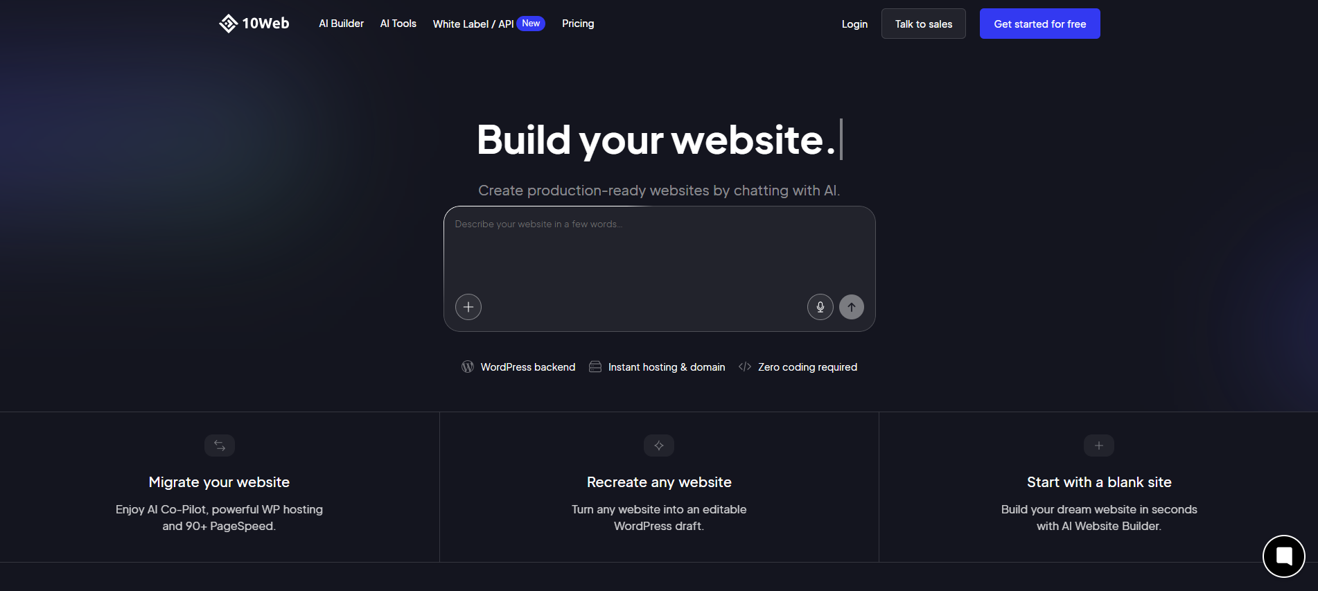 10Web AI Website Builder Homepage