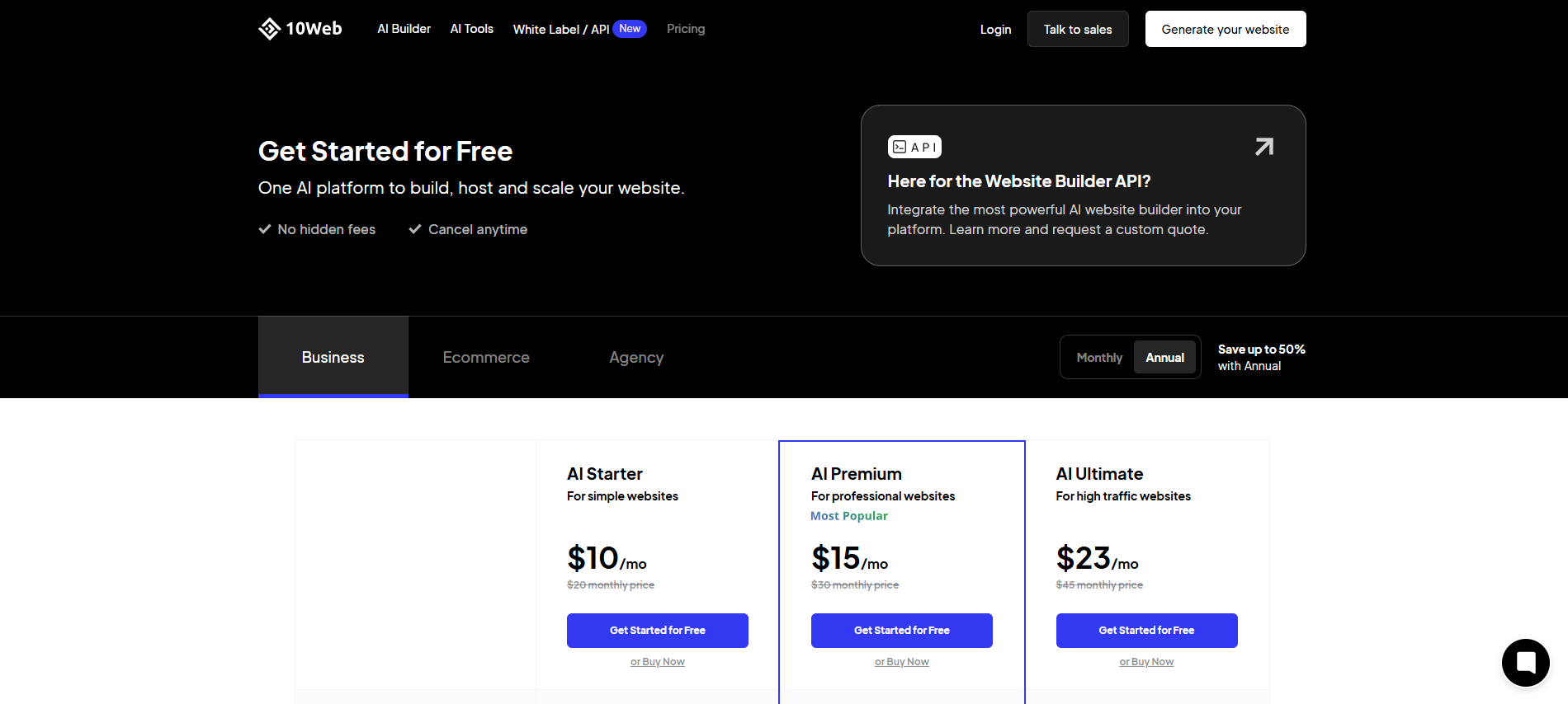 10Web AI Website Builder Pricing