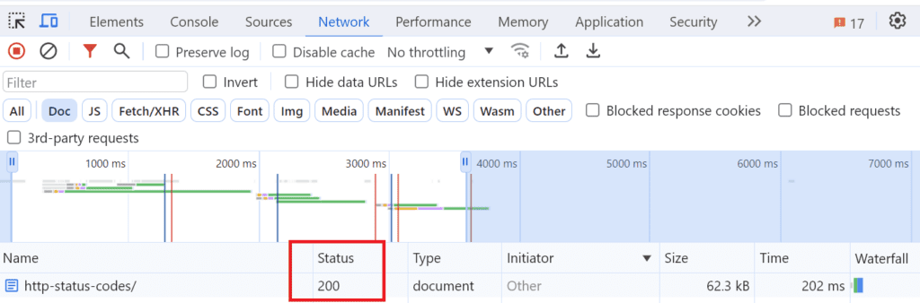 Find HTTP status code in Chrome