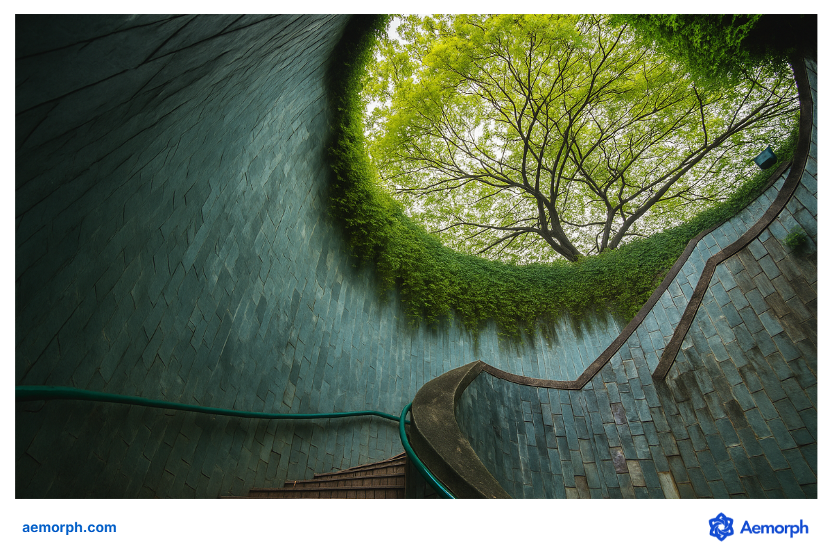 Fort Canning Spiral Staircase: Nature Framed in Stone View from the bottom of Fort Canning Park’s spiral staircase, showing curved stone walls and a tree canopy framed in a circular opening above.
