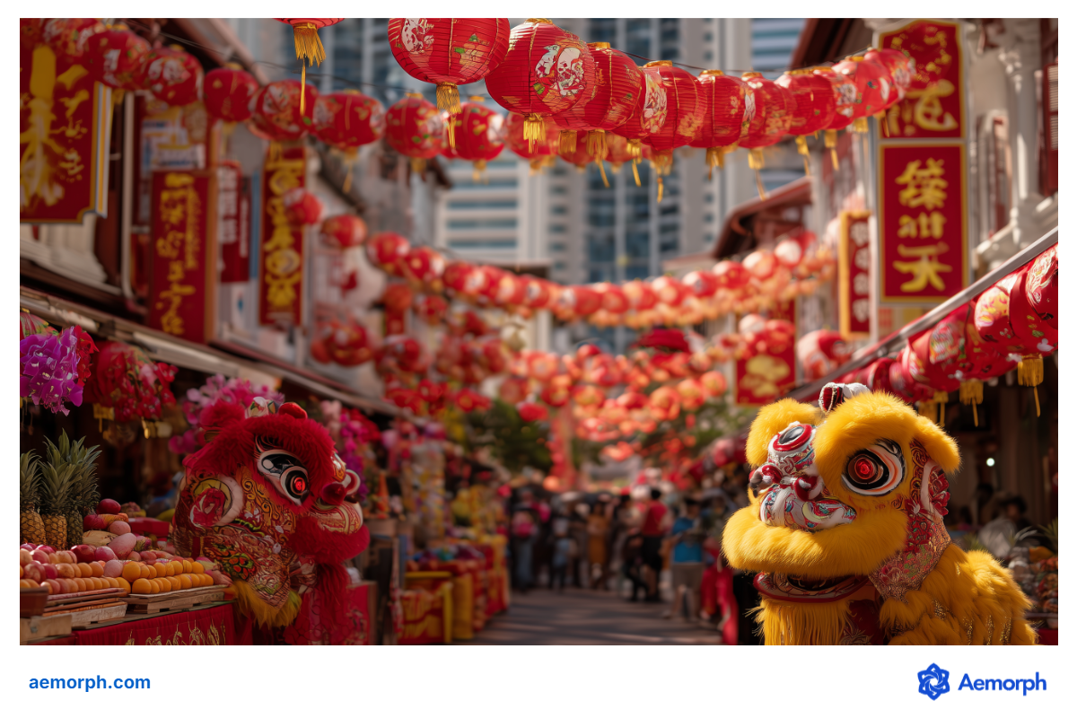Red lanterns and lion dance in celebration of Chinese New Year Streets decorated with red lanterns and lion dance performance in celebration of Chinese New Year in Singapore