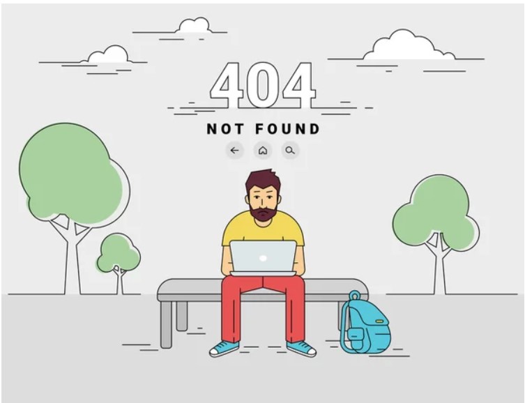 A 404 error page design featuring a cartoon illustration of a man using a laptop