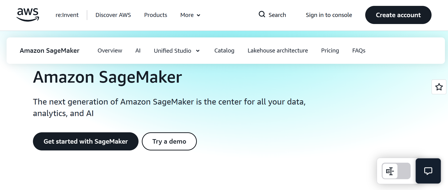 Amazon Sagemaker Homepage