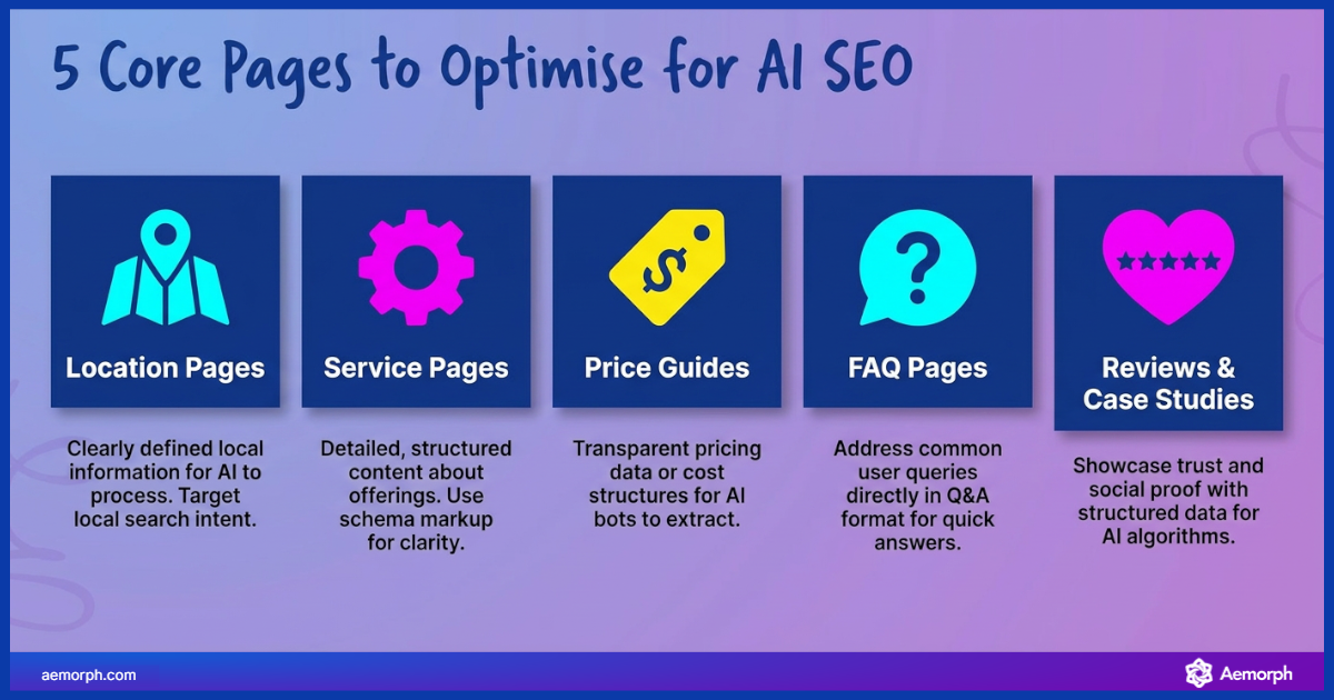 Five core pages for AI SEO: location, service, pricing, FAQ, and reviews or case studies