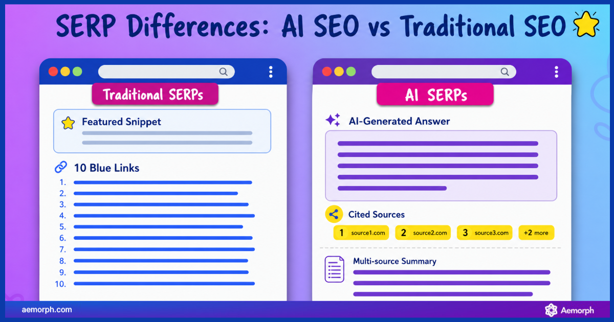 Diagram comparing traditional SERPs with AI-generated search results, including snippets, links, and cited sources