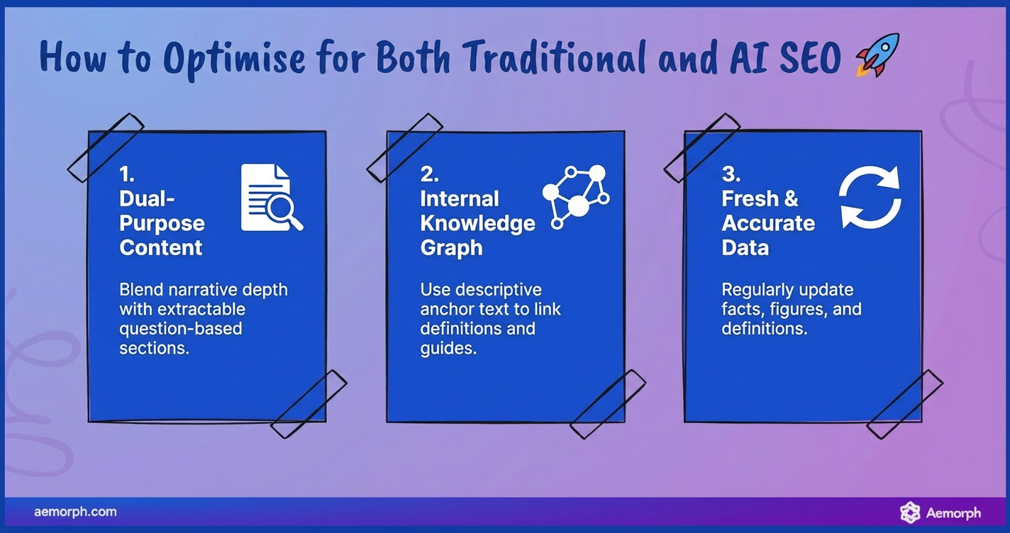 Diagram showing strategies for traditional and AI SEO, including dual-purpose content, knowledge graph linking, and data updates