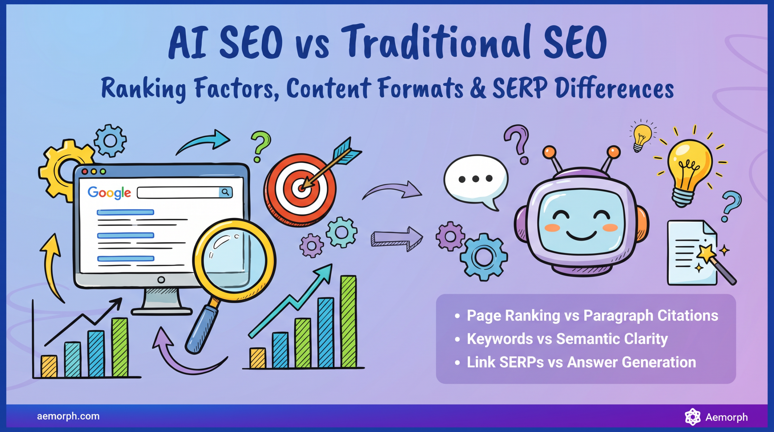 Comparing AI SEO and traditional SEO with differences in ranking factors, content formats, and search results