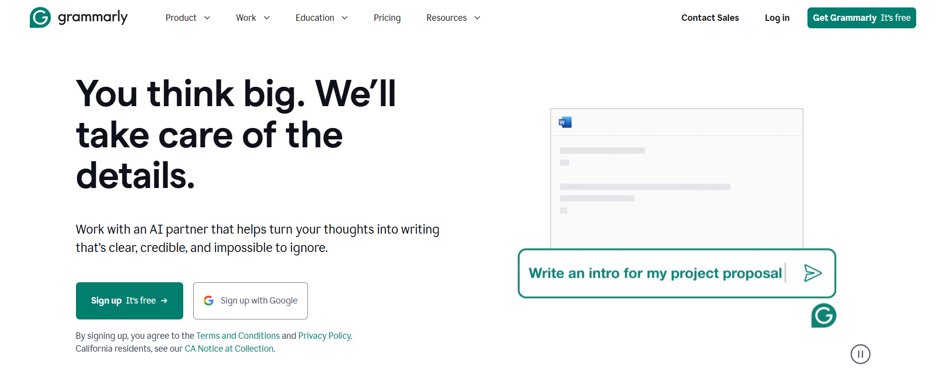Grammarly AI Writing Tool Webpage