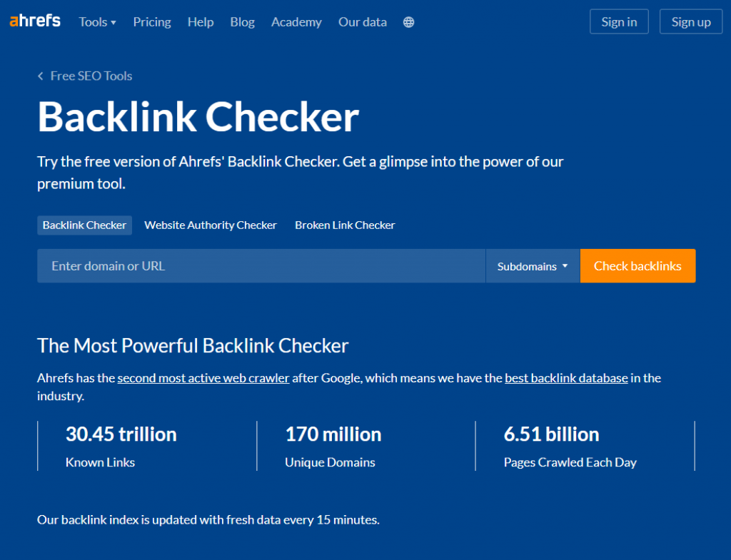 Ahrefs website showing Backlink Checker with search bar