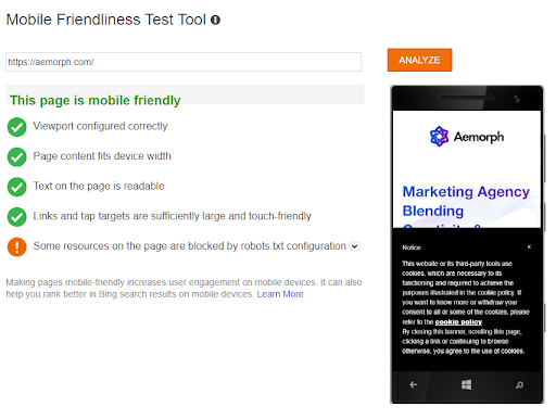  bing-mobile friendly test result screen