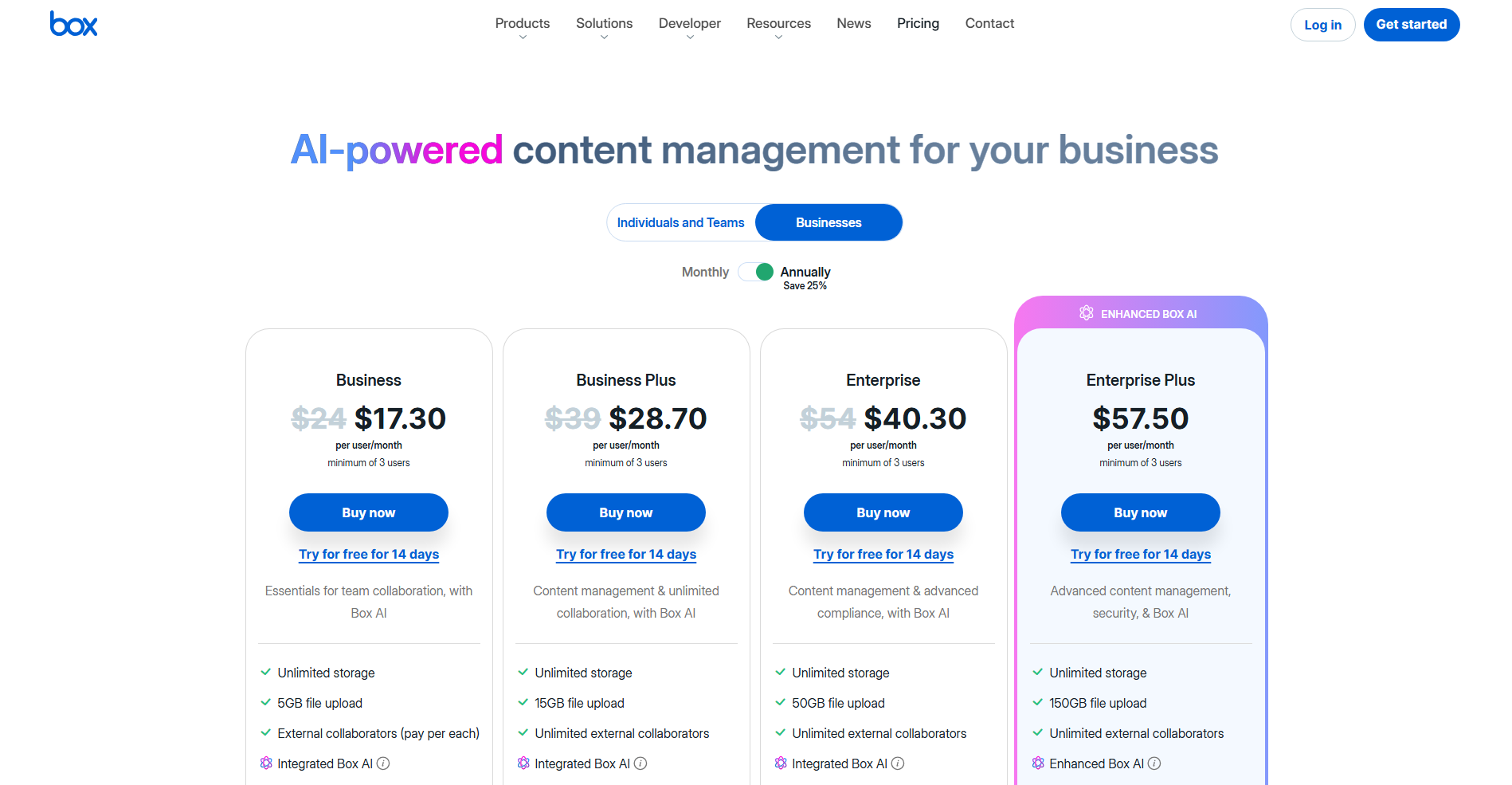 Box Business File Sharing Tools Pricing