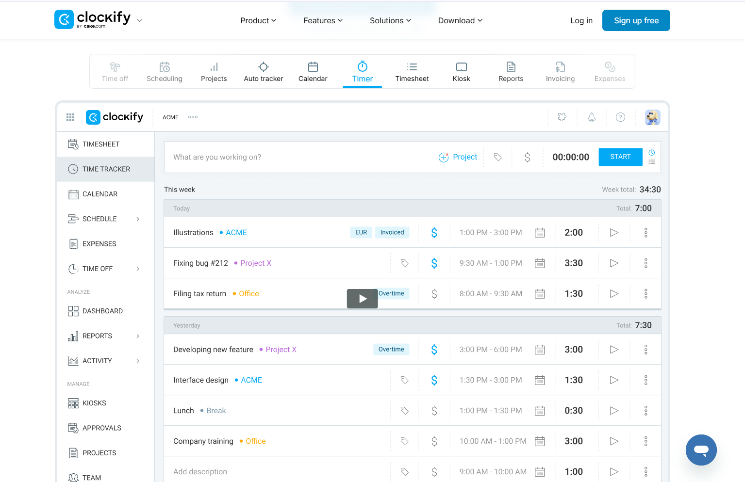 Clockify Time Tracking Tool Homepage
