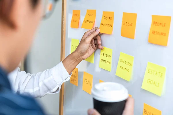 two businessperson with organised post-it notes