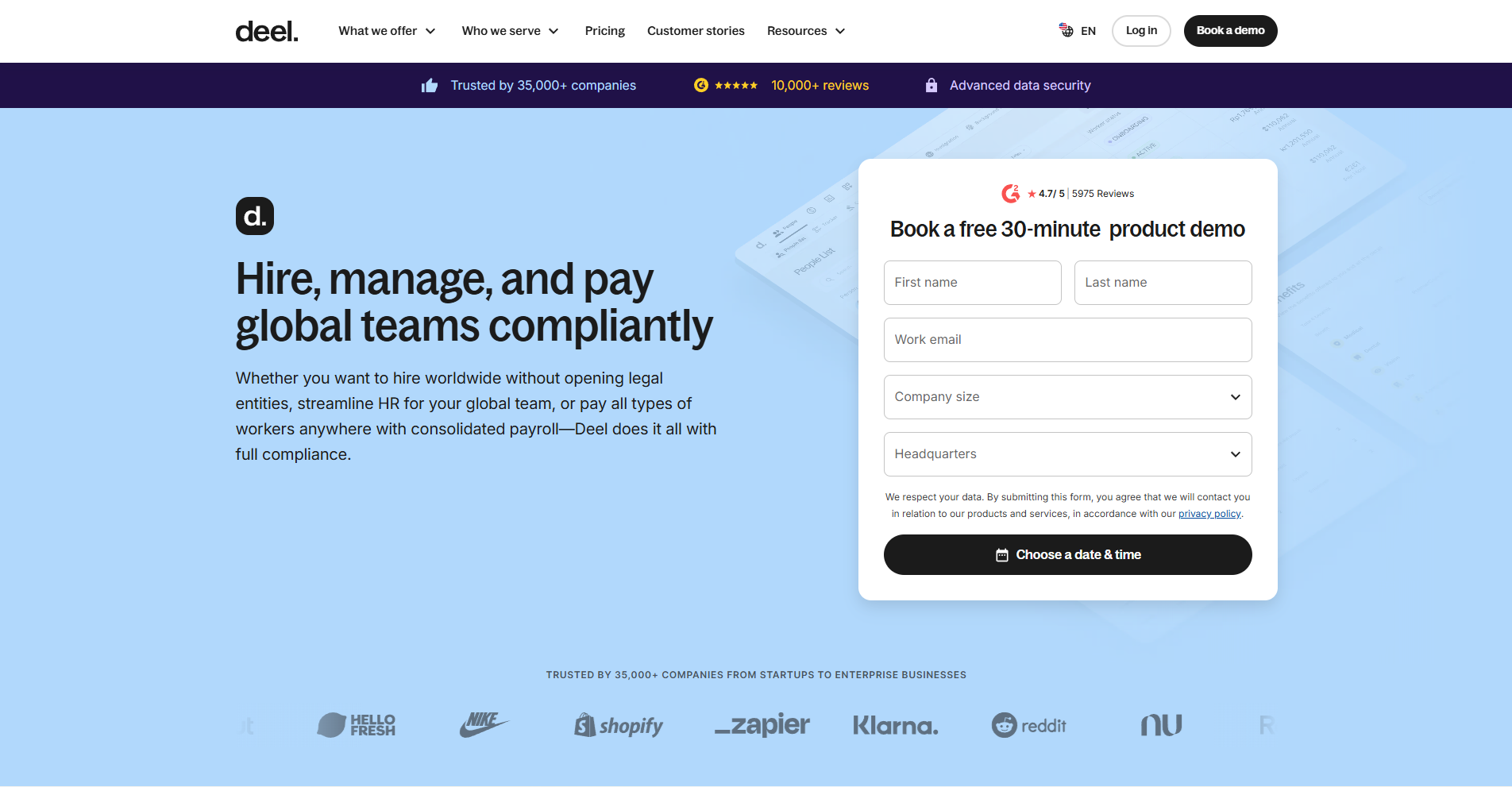 Deel Payroll Management Tool Homepage