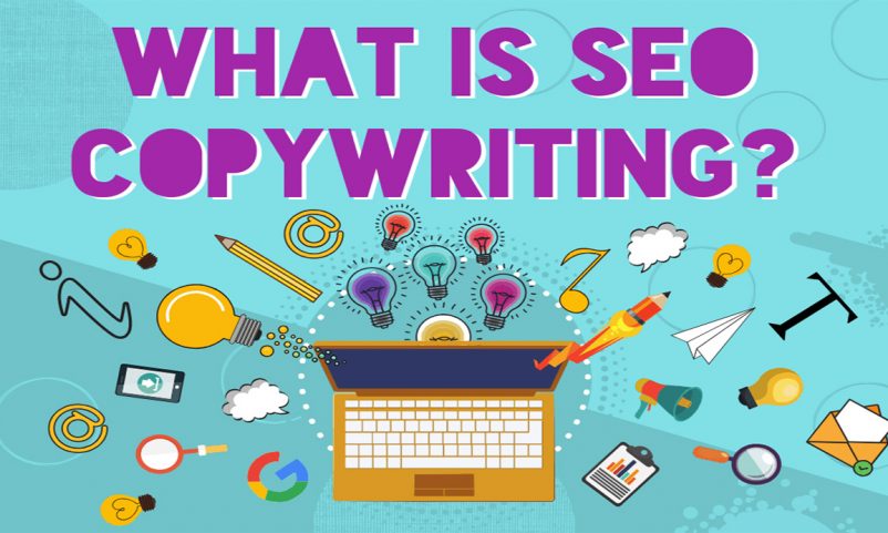 A text of "What is SEO Copywriting?" with a laptop and icons below