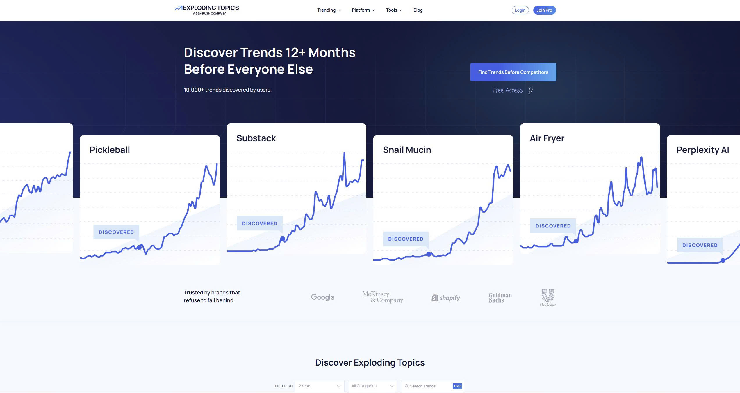 Exploding topics homepage