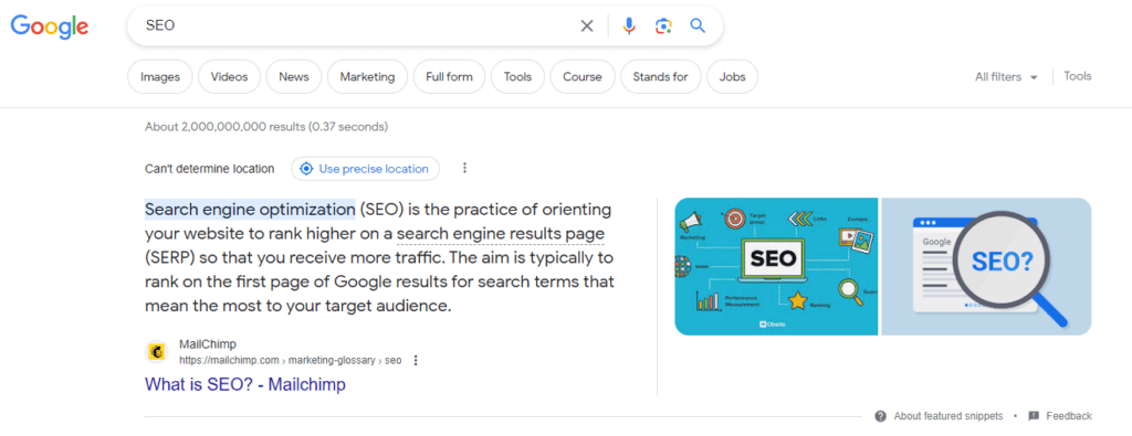 Example of Definition featured snippet