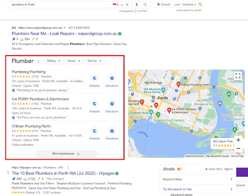 List of the first three companies in Google my Business after searching for plumbers in Perth
